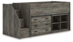 Gray loft bed with storage steps, multiple drawers, and right-side cubby shelving
