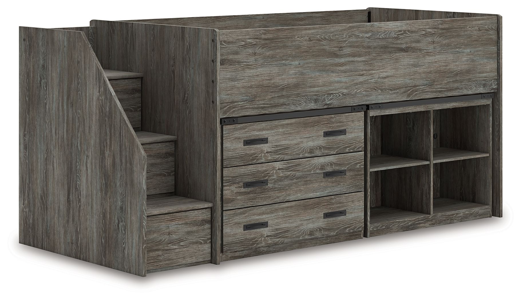 Gray loft bed with storage steps, multiple drawers, and right-side cubby shelving