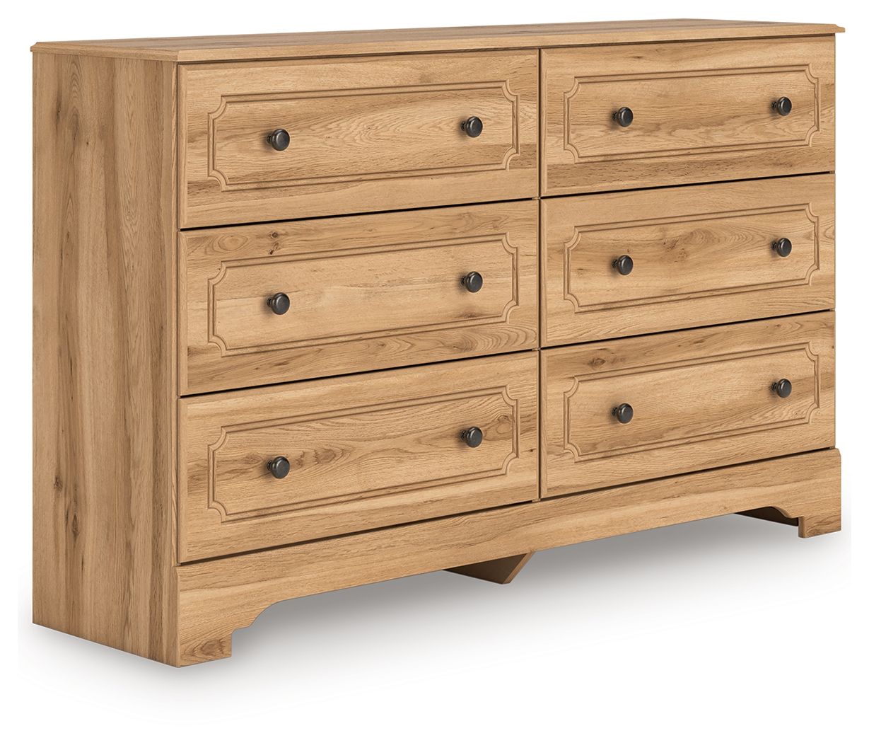 Aleaport light brown wooden dresser with six drawers and round black knobs