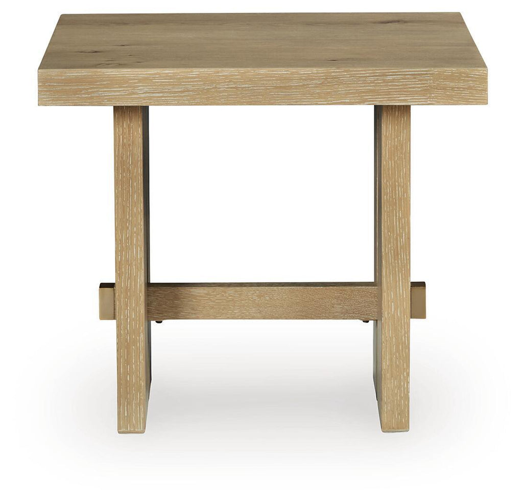 Light brown wood table with open lower shelf and straight legs