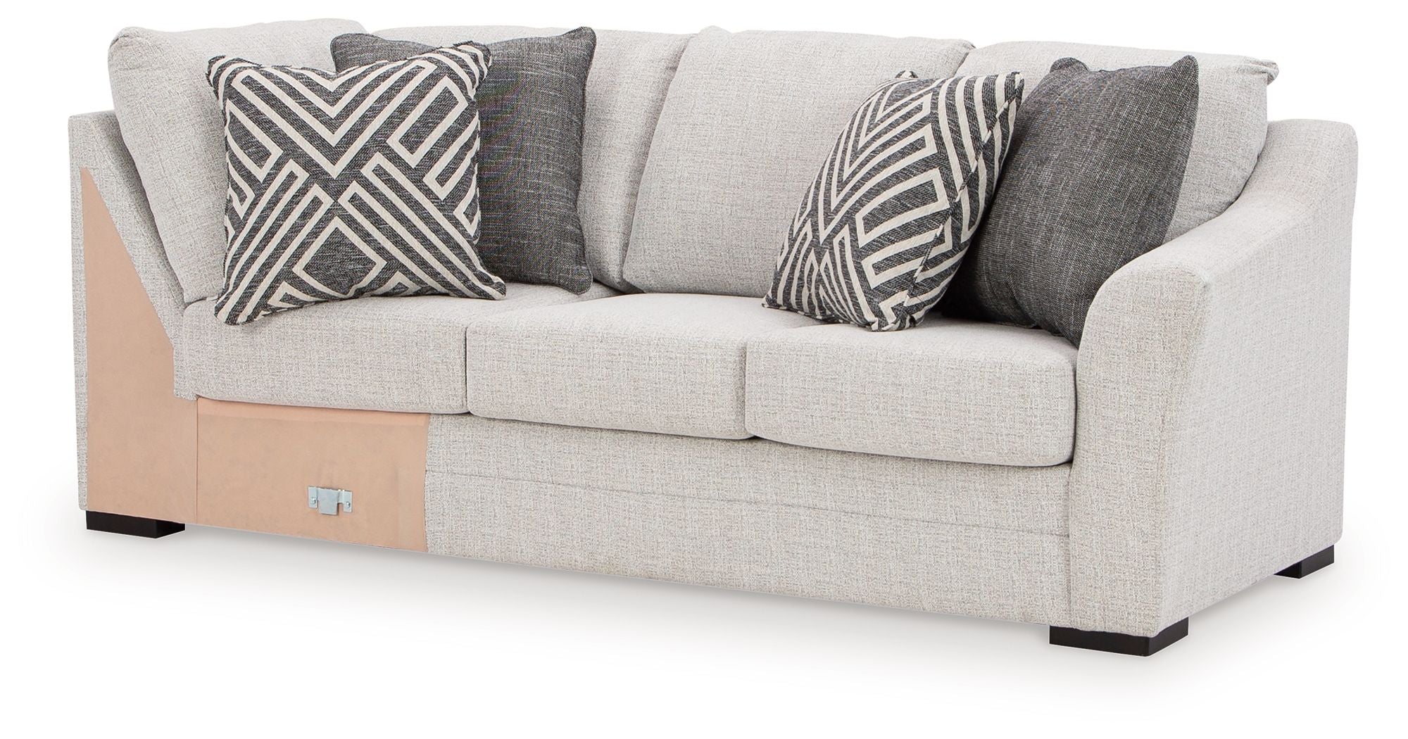 Koralynn Raf sofa with corner wedge in light gray with patterned throw pillows