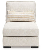 Armless chair seat with light beige upholstery and striped rectangular back pillow