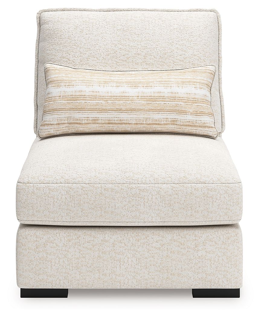 Armless chair seat with light beige upholstery and striped rectangular back pillow