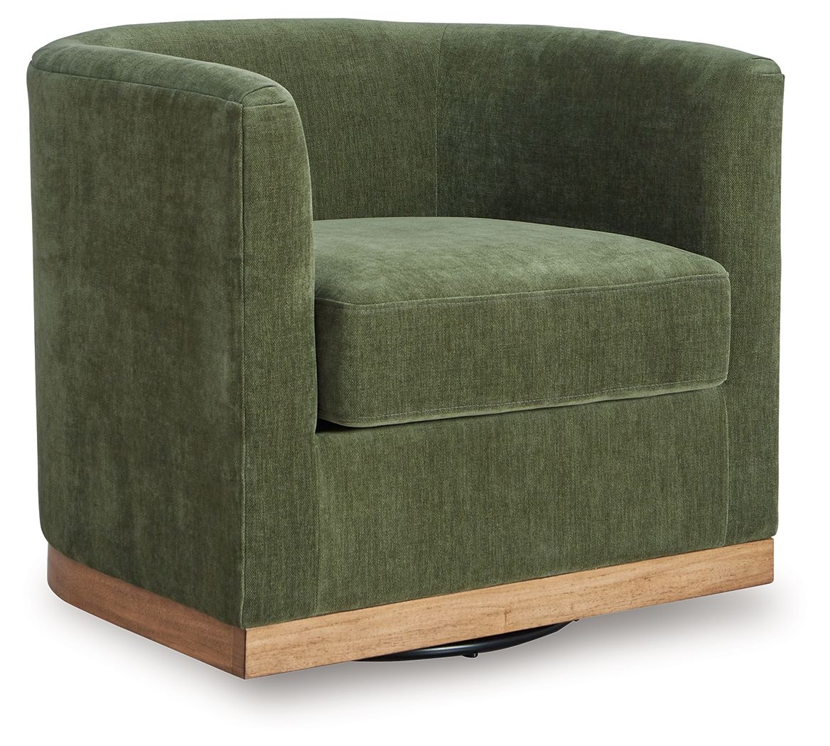 Forest green swivel accent chair with rounded arms, tufted seat, and light wood base