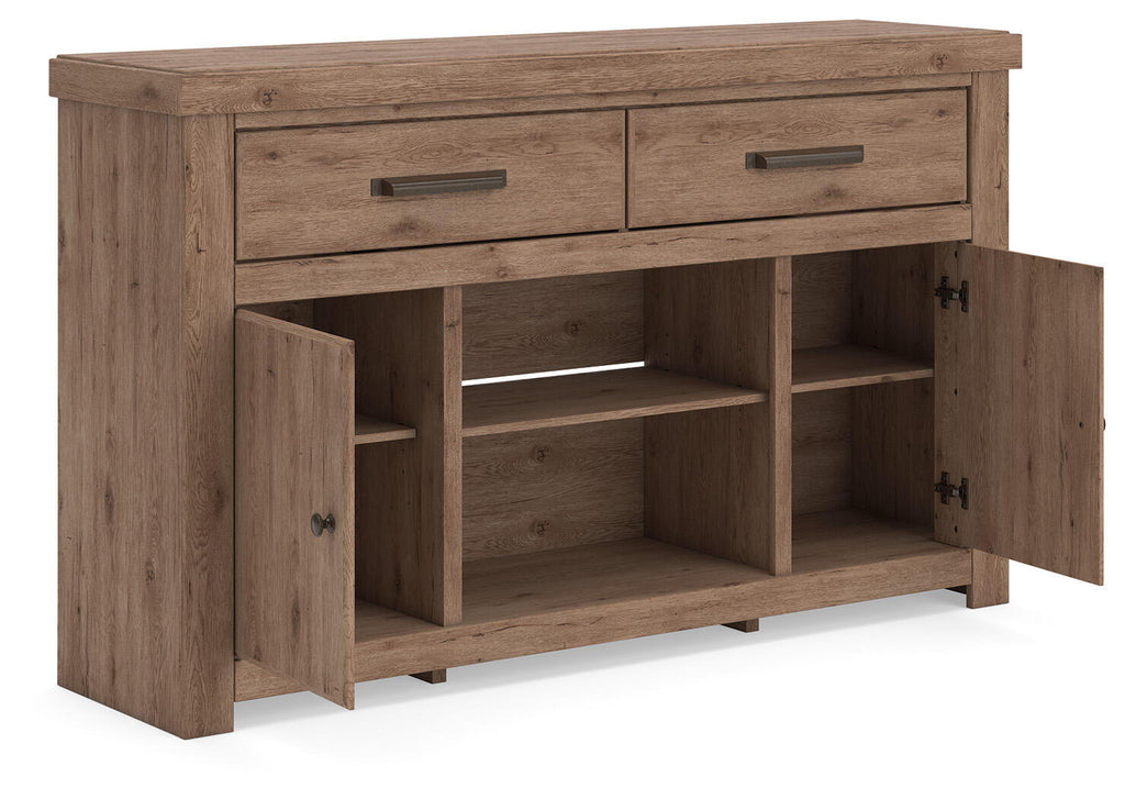 Light brown wood TV stand with top drawers and open shelves plus hinged cabinet doors.