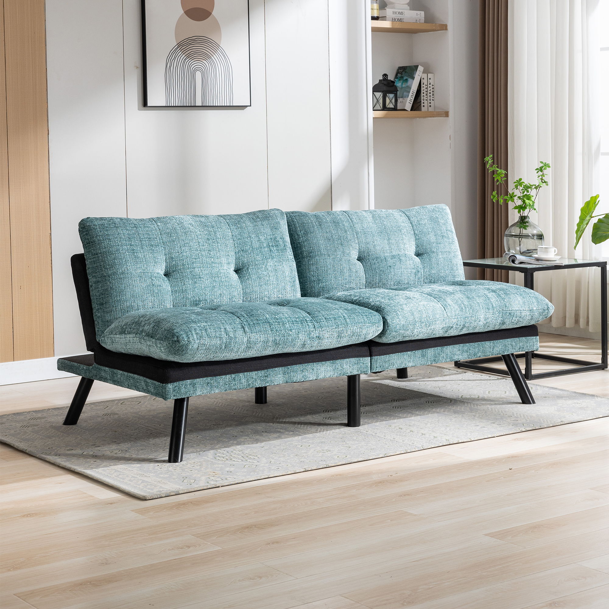 Convertible Sofa Bed Loveseat Futon Bed Breathable Adjustable Lounge Couch With Metal Legs, Futon Sets For Compact Living Space Chenille- Mint Green