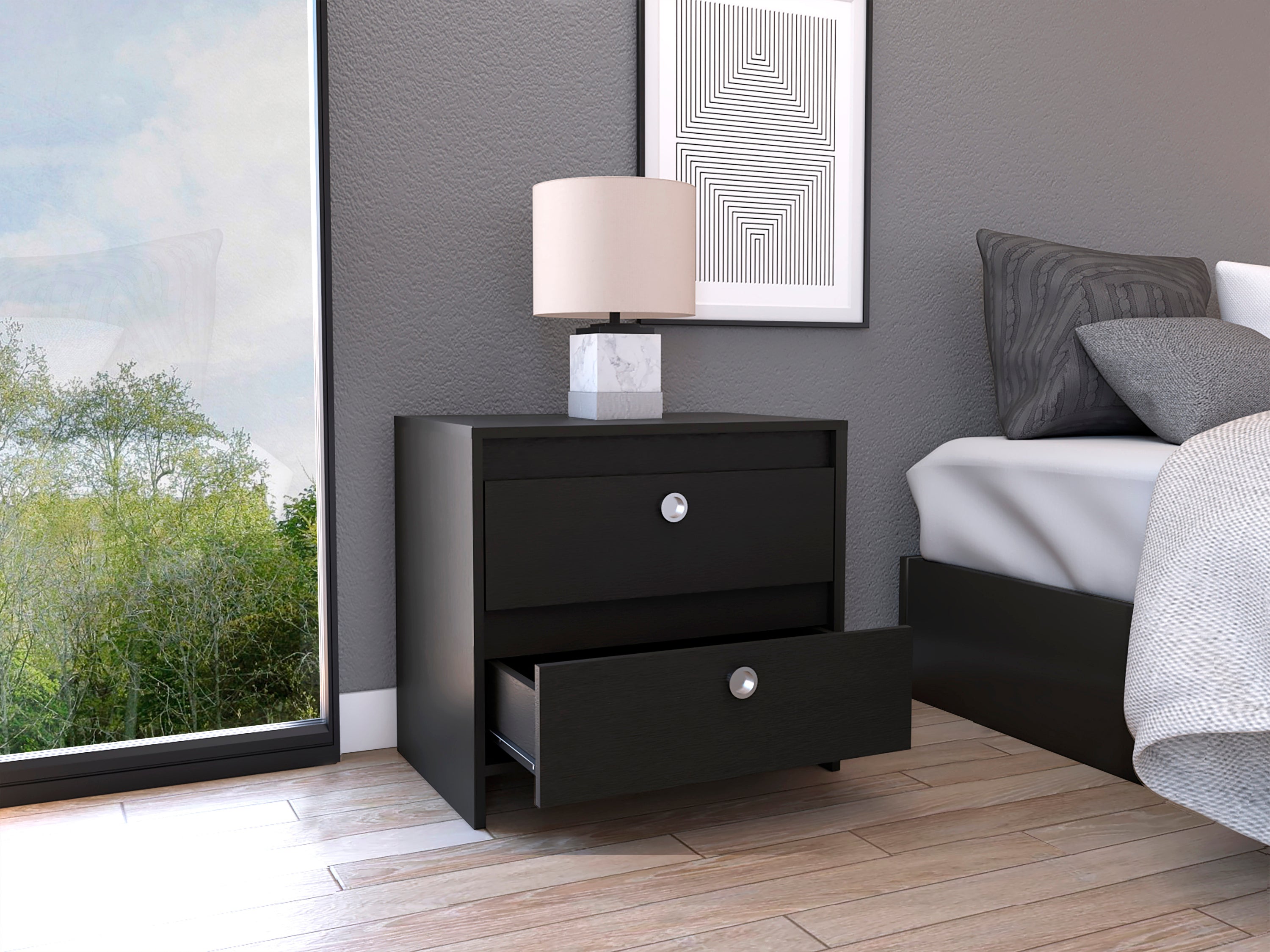 Black Nightstand - 2 Drawers, Stylish End Table