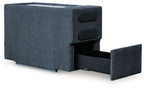 Ink blue fabric console with open compartment and two speaker openings
