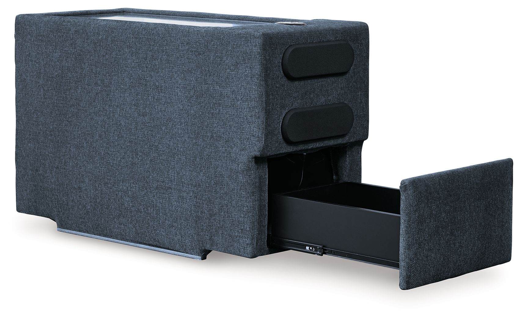 Ink blue fabric console with open compartment and two speaker openings