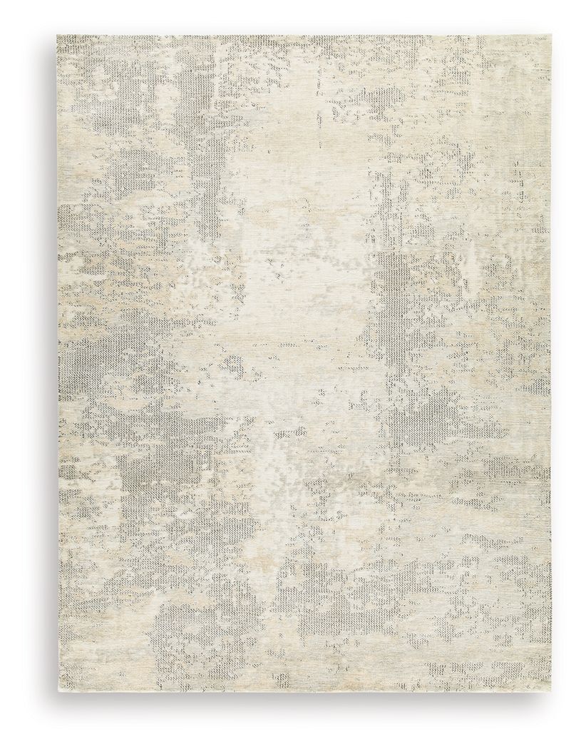 Cream area rug with gray abstract distressed pattern, flat weave look