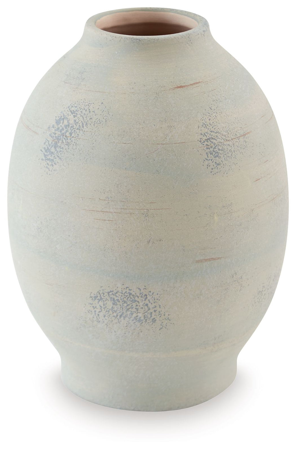 Cream ceramic vase with rounded body and flared rim, speckled glaze.