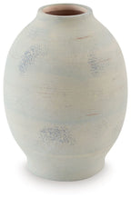 Cream ceramic vase with rounded body and flared rim, speckled glaze.