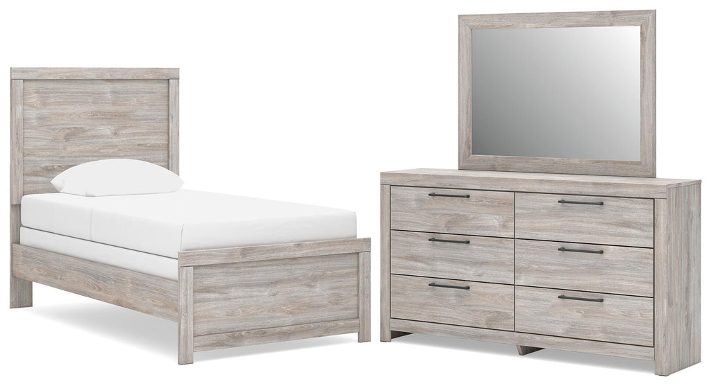 Light gray panel bedroom set with bed, dresser, and wall mirror