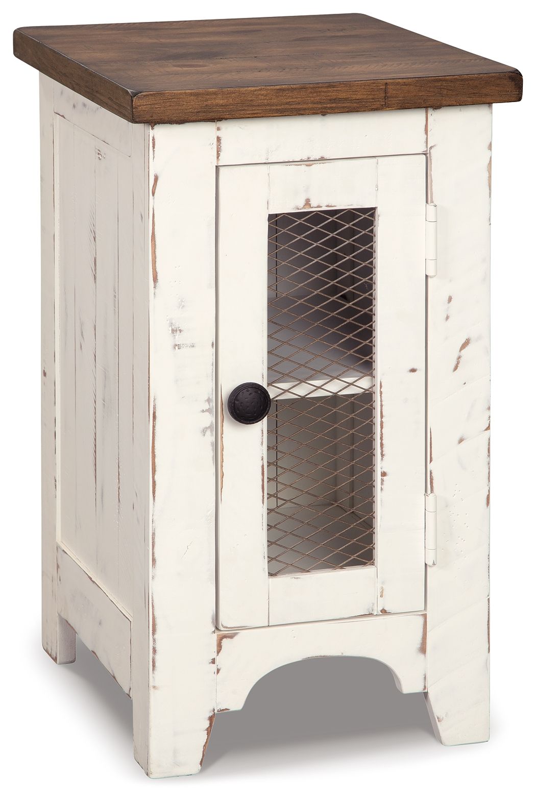 Chair side end table with white cabinet and brown top, front door with mesh panel