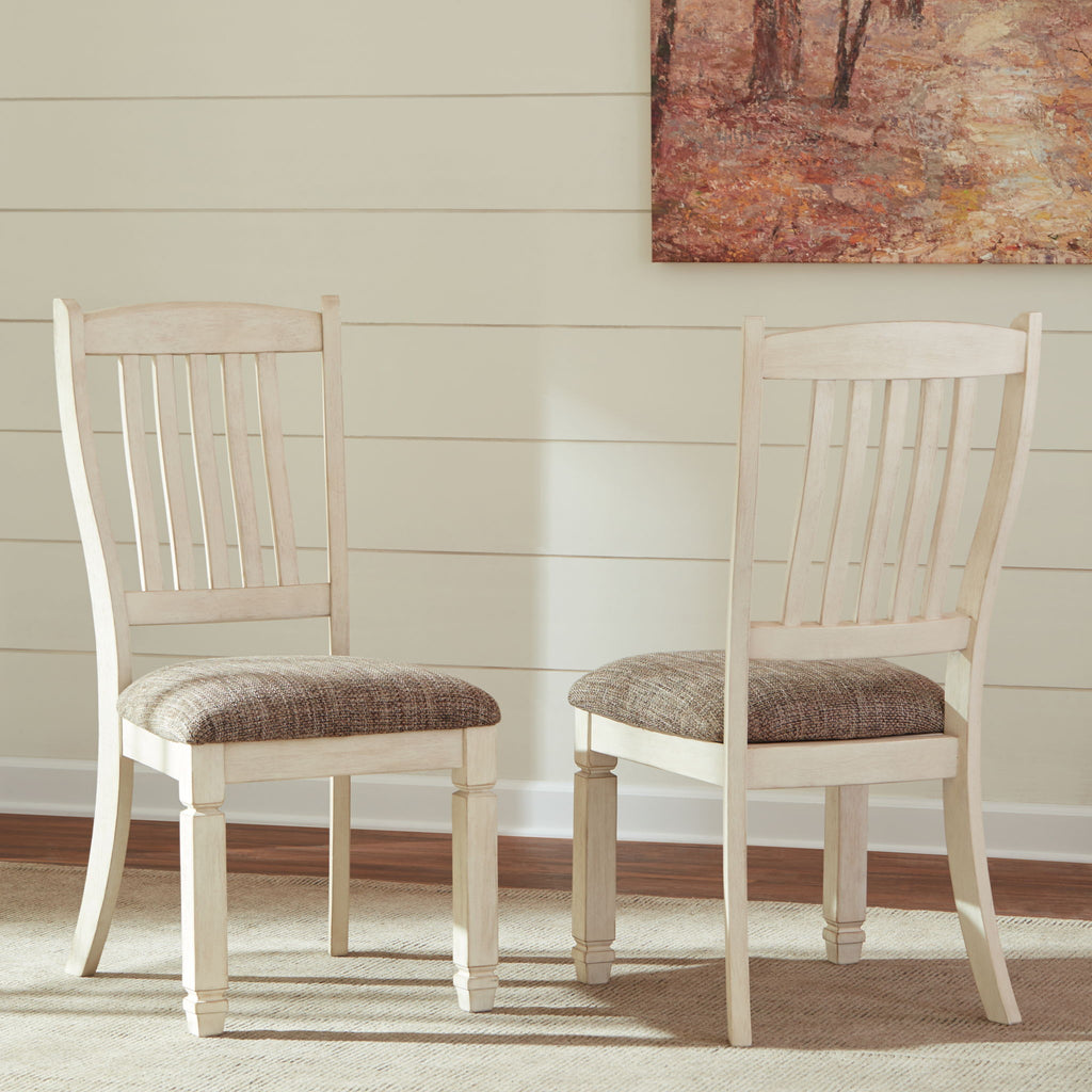 Upholstered dining side chair set with beige wood and gray fabric seat, vertical slat back