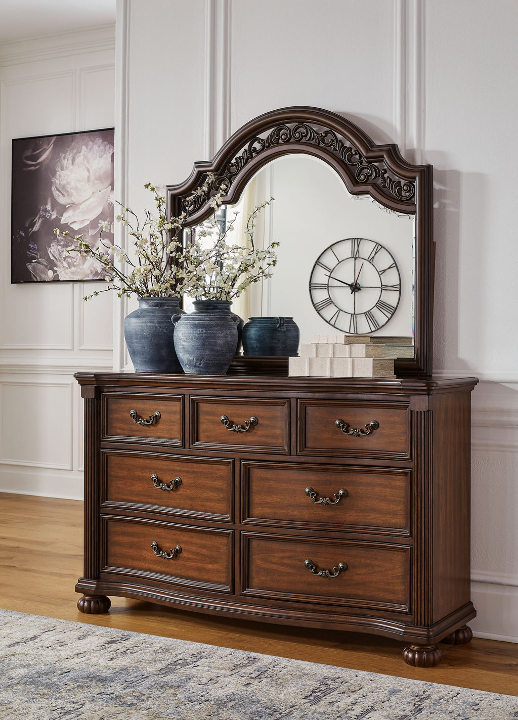 Lavinton bedroom set dresser with arched mirror, dark brown drawers and metal handles
