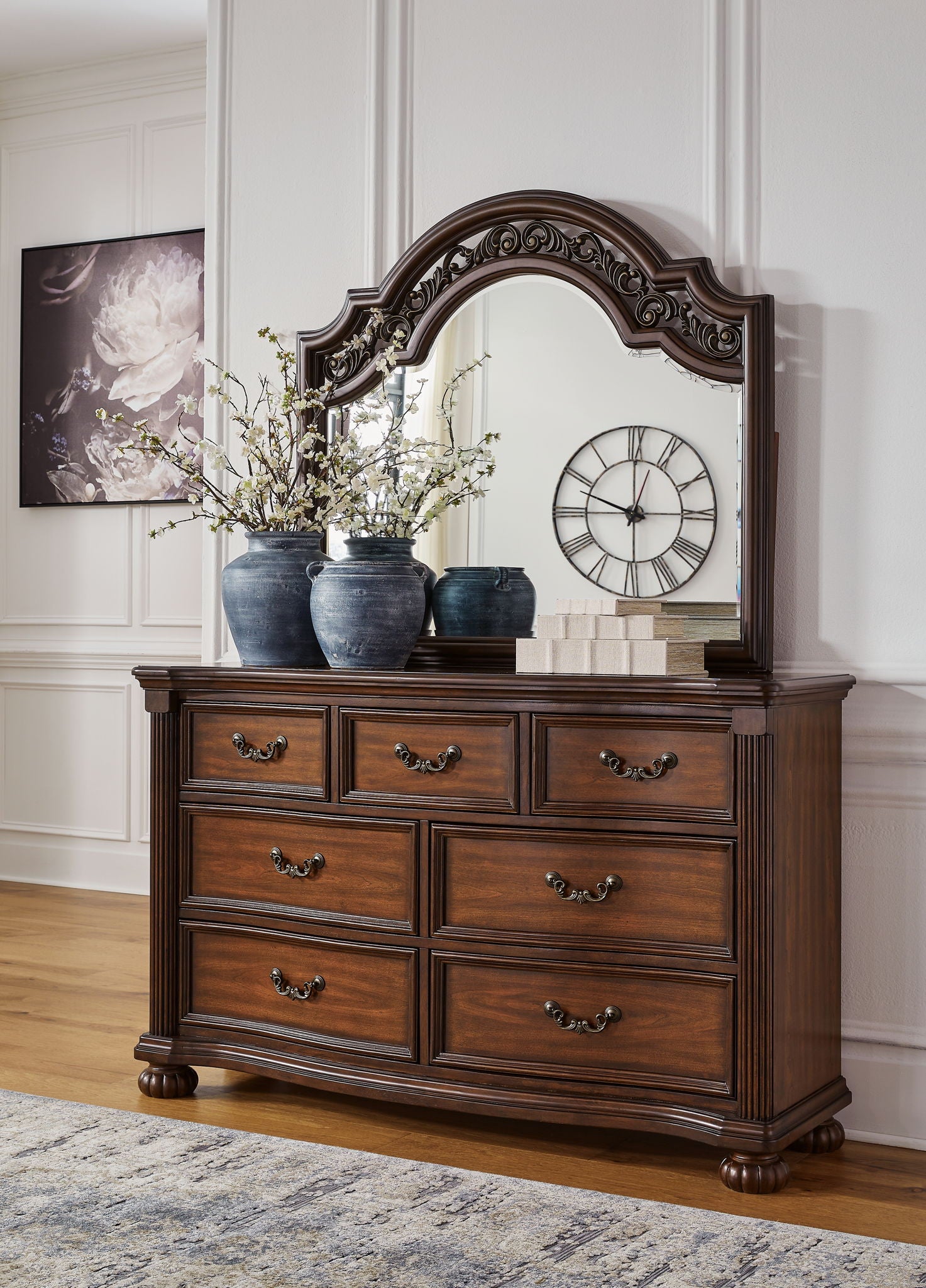 Lavinton bedroom set dresser with arched mirror, dark brown drawers and metal handles
