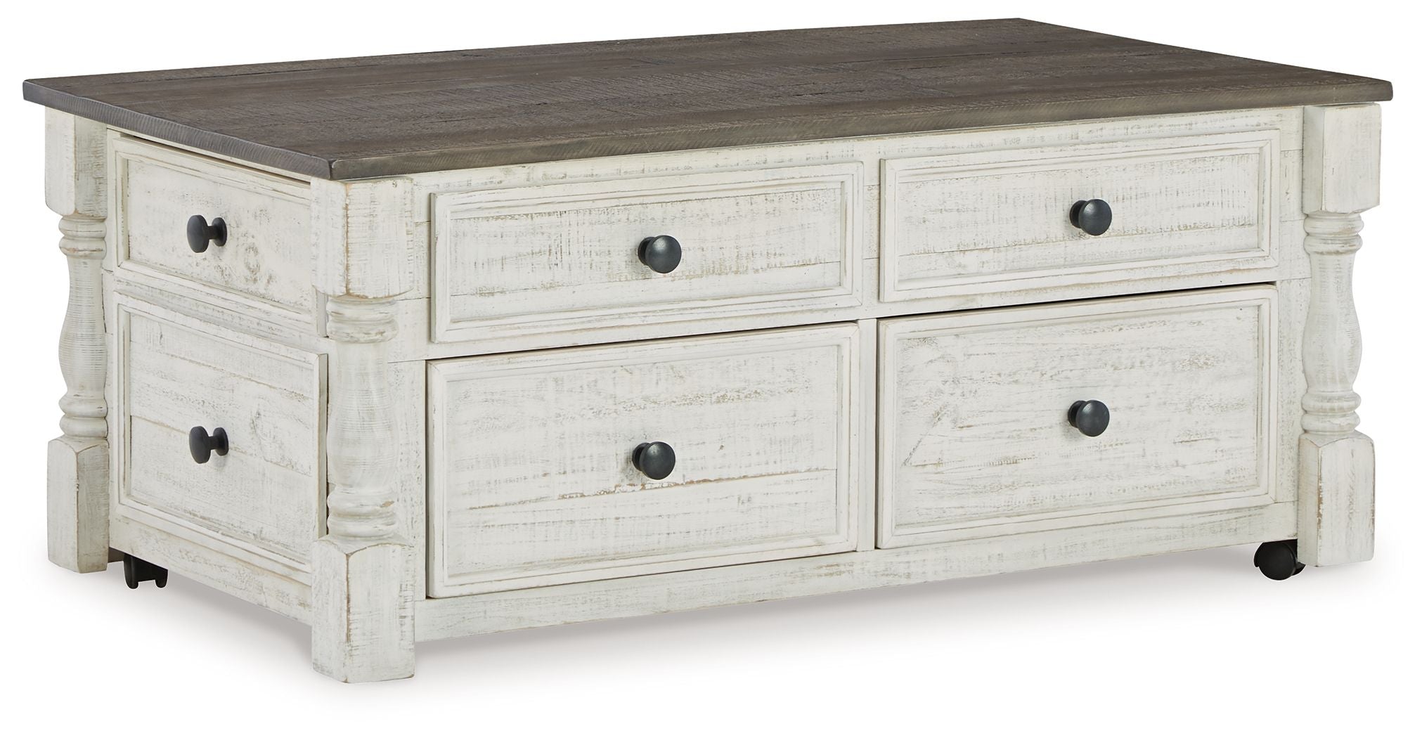 Lift-top cocktail table with four storage drawers, white finish and dark wood top
