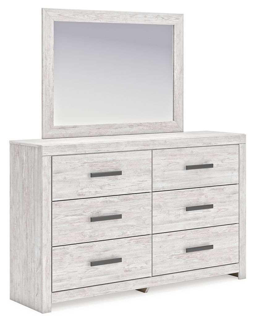 Whitewash dresser with 6 drawers and matching mirror, gray bar pulls