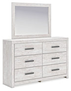 Whitewash dresser with 6 drawers and matching mirror, gray bar pulls