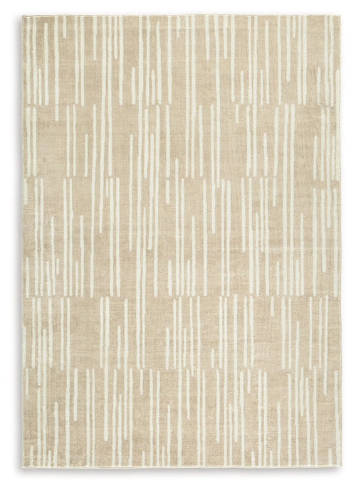 Beige abstract dash pattern area rug with flat, woven texture