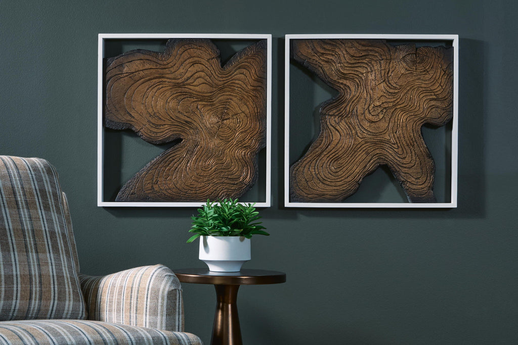Two framed abstract wall art pieces with brown contour-line woodgrain, irregular shapes