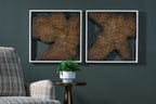 Two framed abstract wall art pieces with brown contour-line woodgrain, irregular shapes