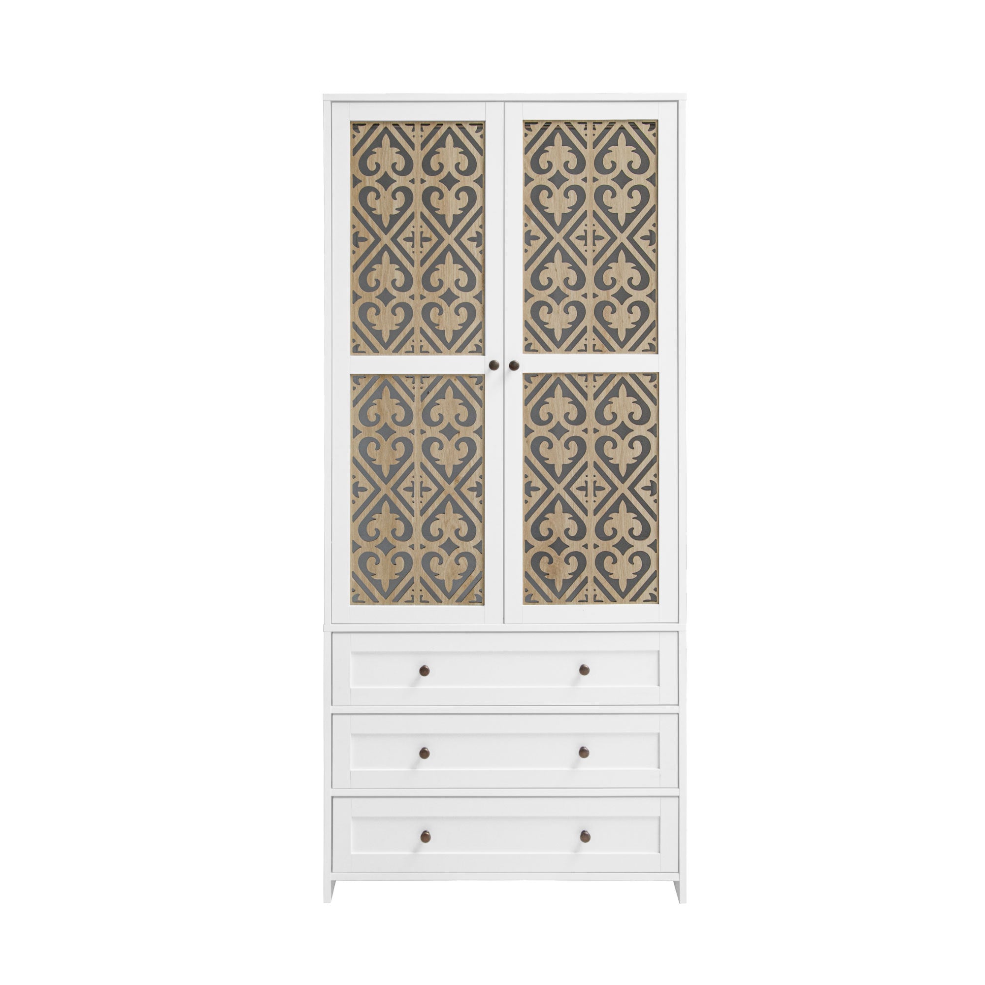 Hollow 2-Door 3-Drawer Wardrobe: Wood & White for Bedrooms