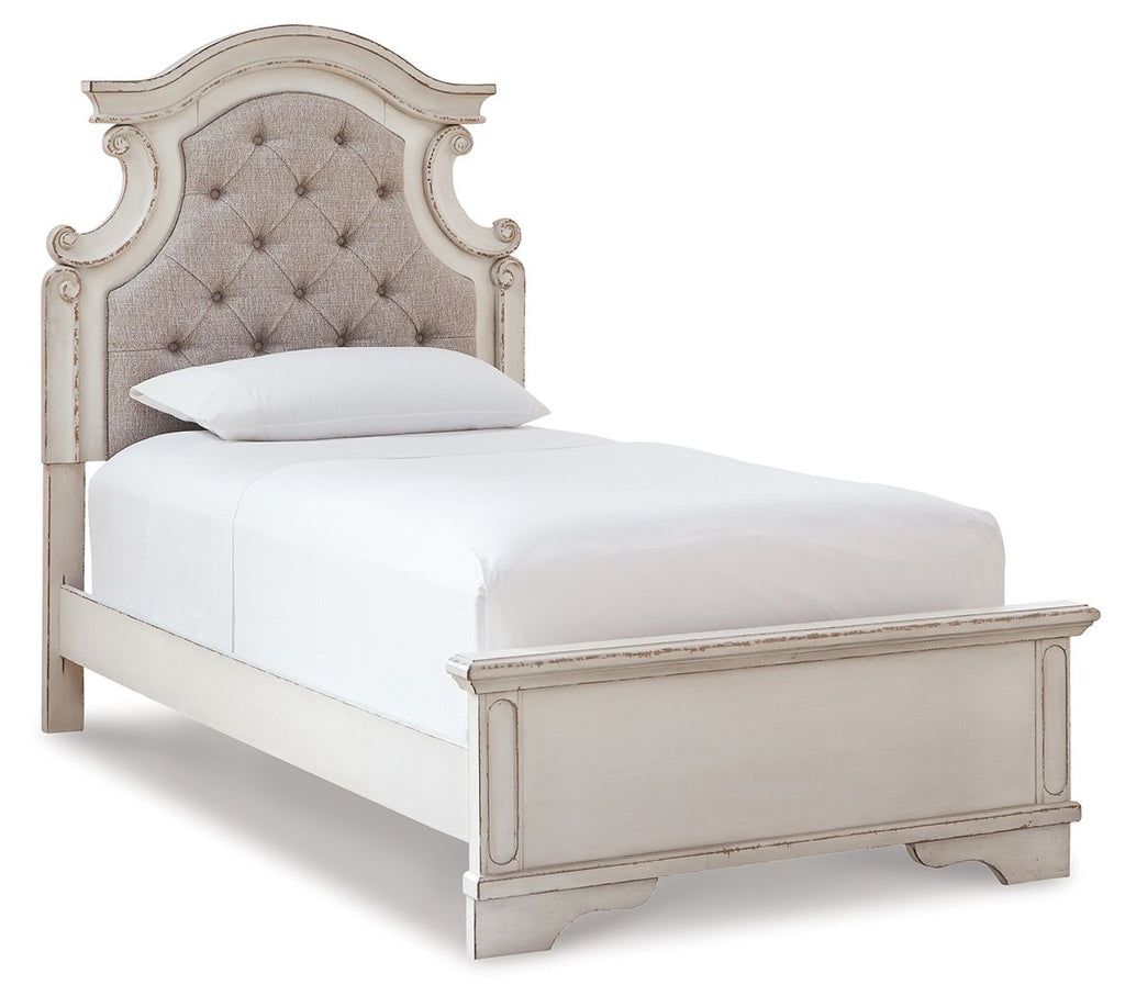 Upholstered panel bed frame with tufted beige headboard and white finish, side rails