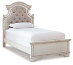 Upholstered panel bed frame with tufted beige headboard and white finish, side rails