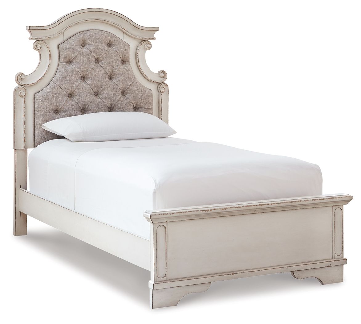 Upholstered panel bed frame with tufted beige headboard and white finish, side rails