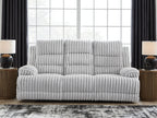 Reclining power sofa with drop-down table, light gray ribbed upholstery, reclined chaise