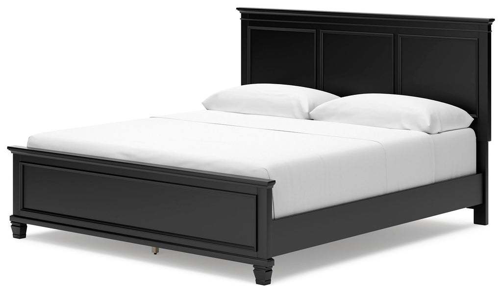 Black panel bed with low profile and large headboard, no storage drawers shown.