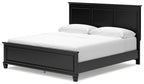 Black panel bed with low profile and large headboard, no storage drawers shown.