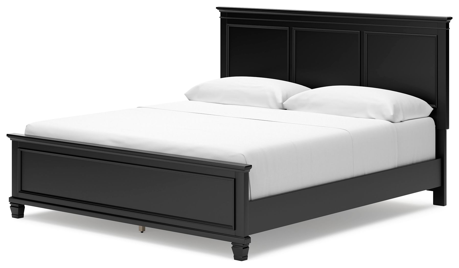 Black panel bed with low profile and large headboard, no storage drawers shown.