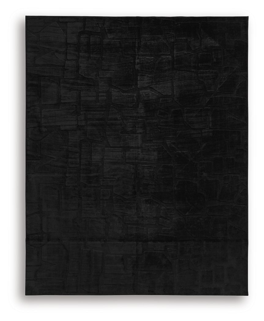 Washable rug, black, abstract brick-pattern design, flat view