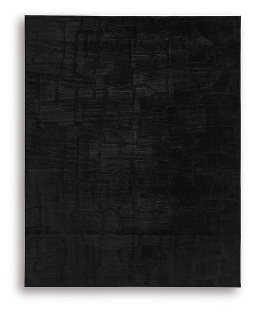 Washable rug, black, abstract brick-pattern design, flat view