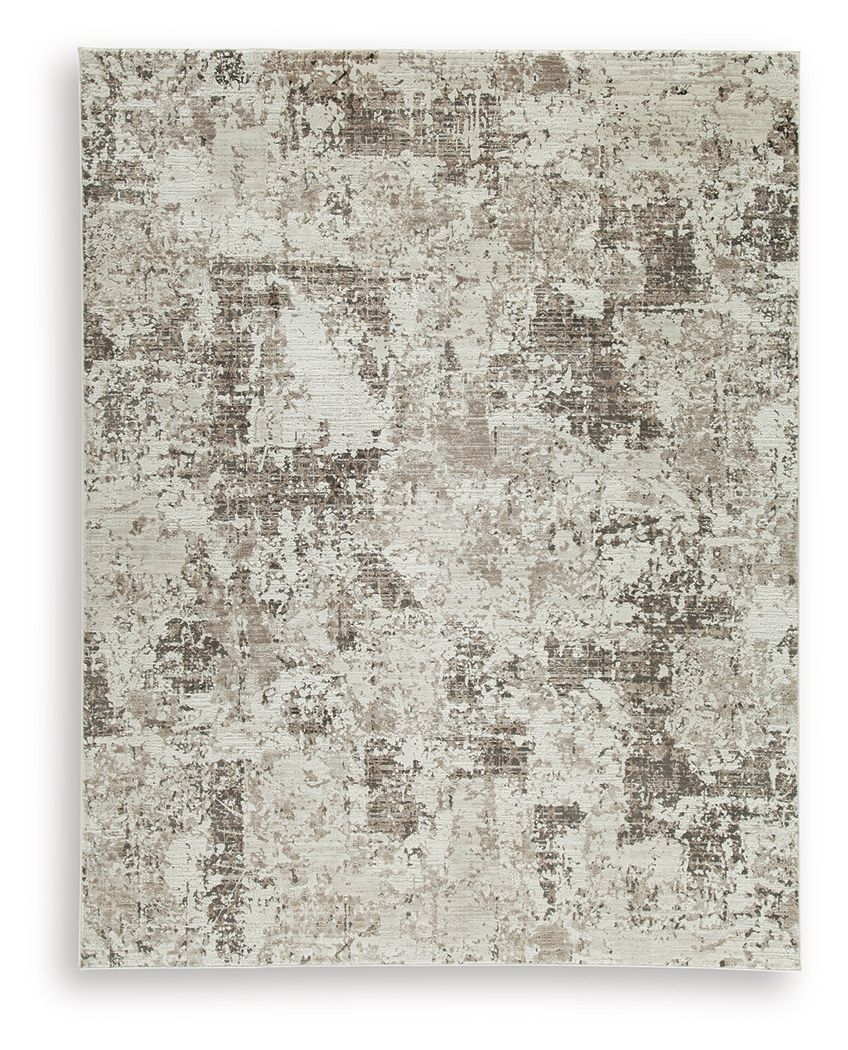 Area rug with distressed gray and beige abstract pattern, flat woven look.