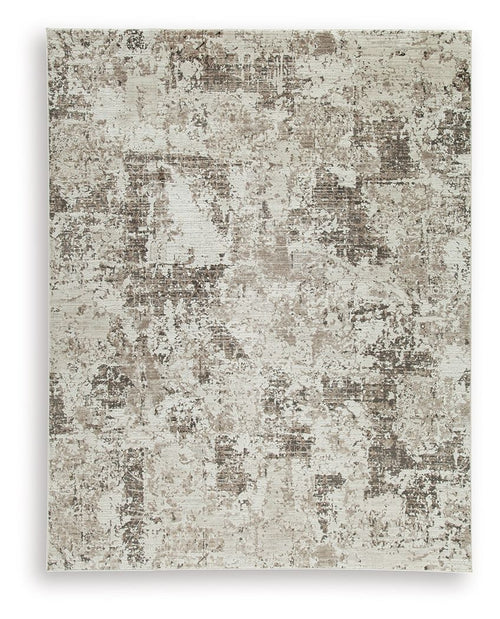Area rug with distressed gray and beige abstract pattern, flat woven look.