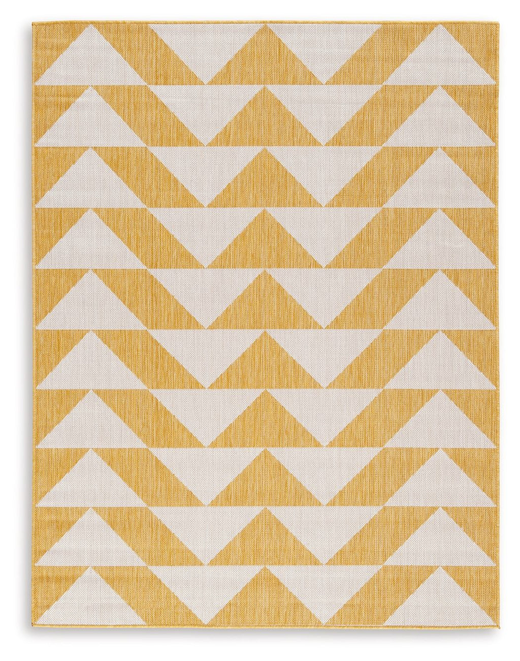 Yellow and white chevron patterned rug with zigzag rows