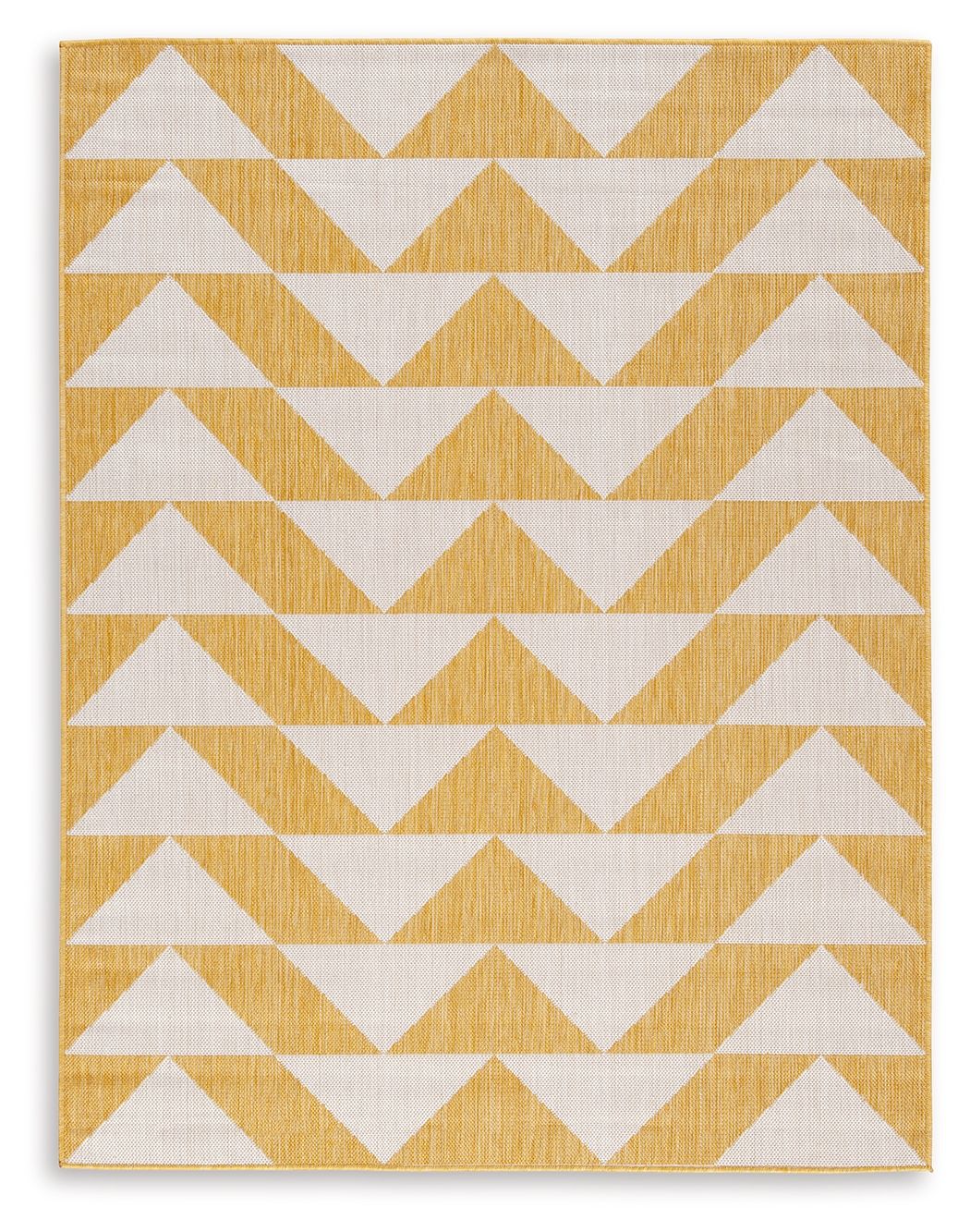 Yellow and white chevron patterned rug with zigzag rows