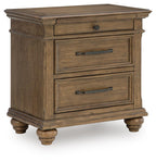 Medium brown wooden nightstand with three drawers and bar pulls