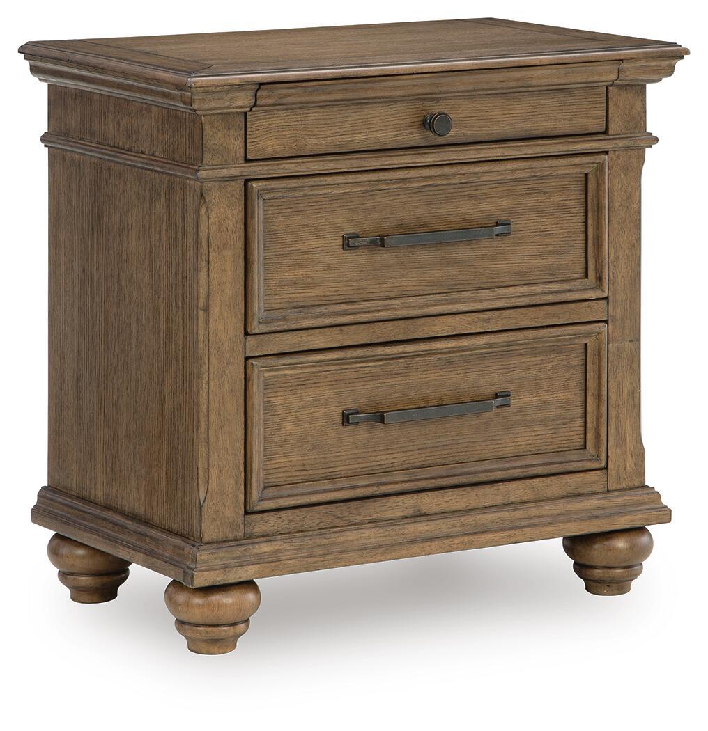 Medium brown wooden nightstand with three drawers and bar pulls
