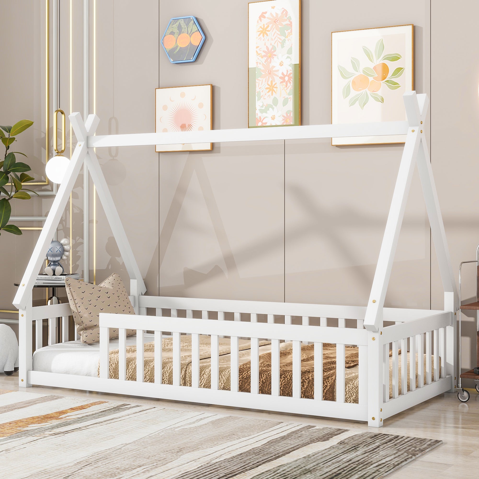 Twin Teepee Bed w/ Guardrails & Slats, White