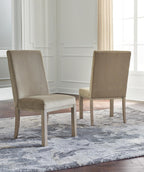 Set of 2 upholstered dining chairs, tall backs with gray fabric and wooden legs