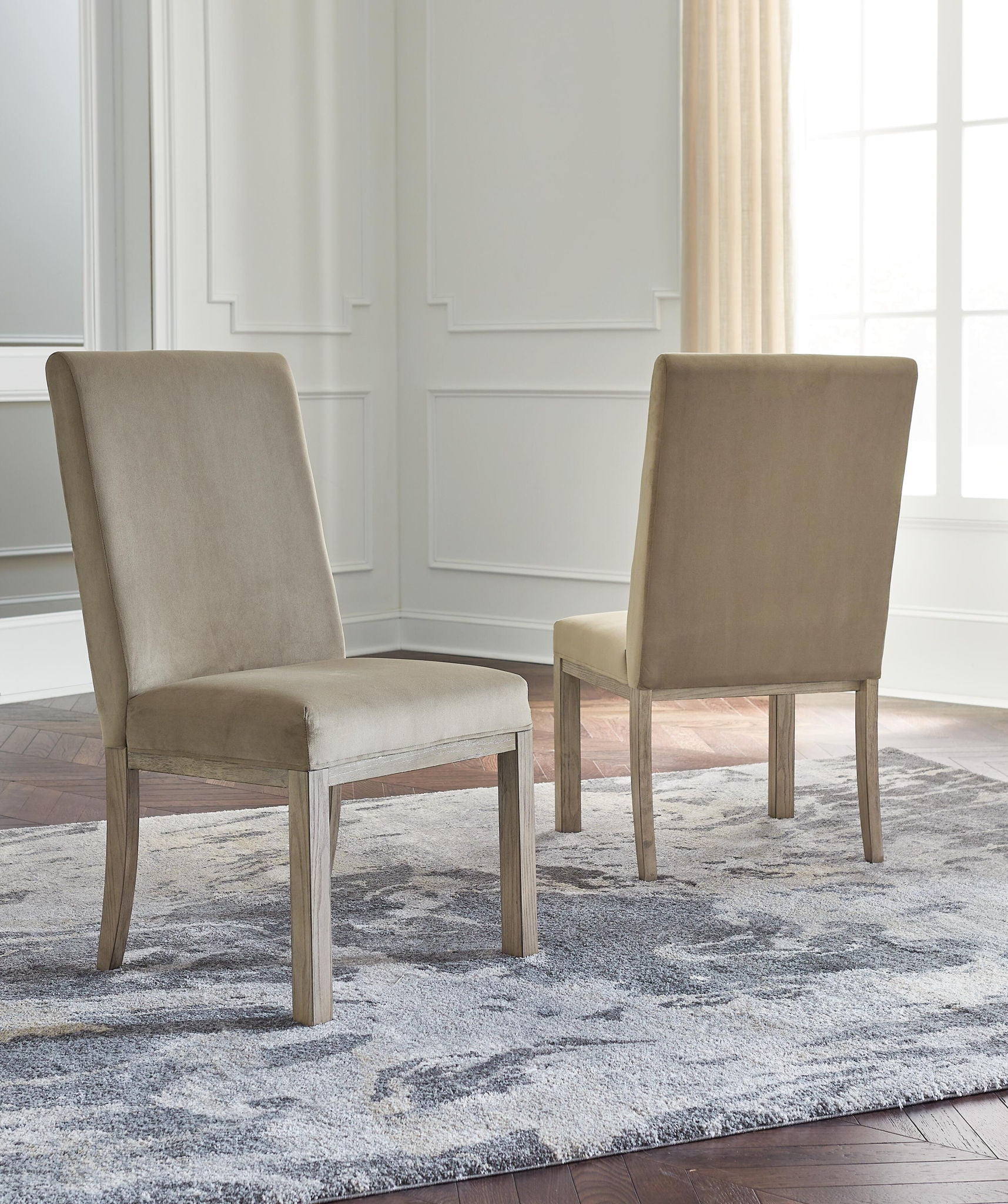 Set of 2 upholstered dining chairs, tall backs with gray fabric and wooden legs