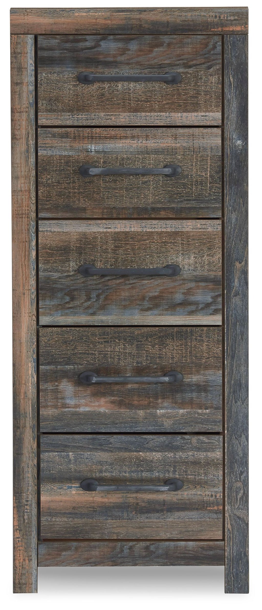 Distressed wooden chest of five drawers in brown with black metal pulls