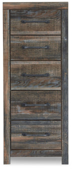 Distressed wooden chest of five drawers in brown with black metal pulls