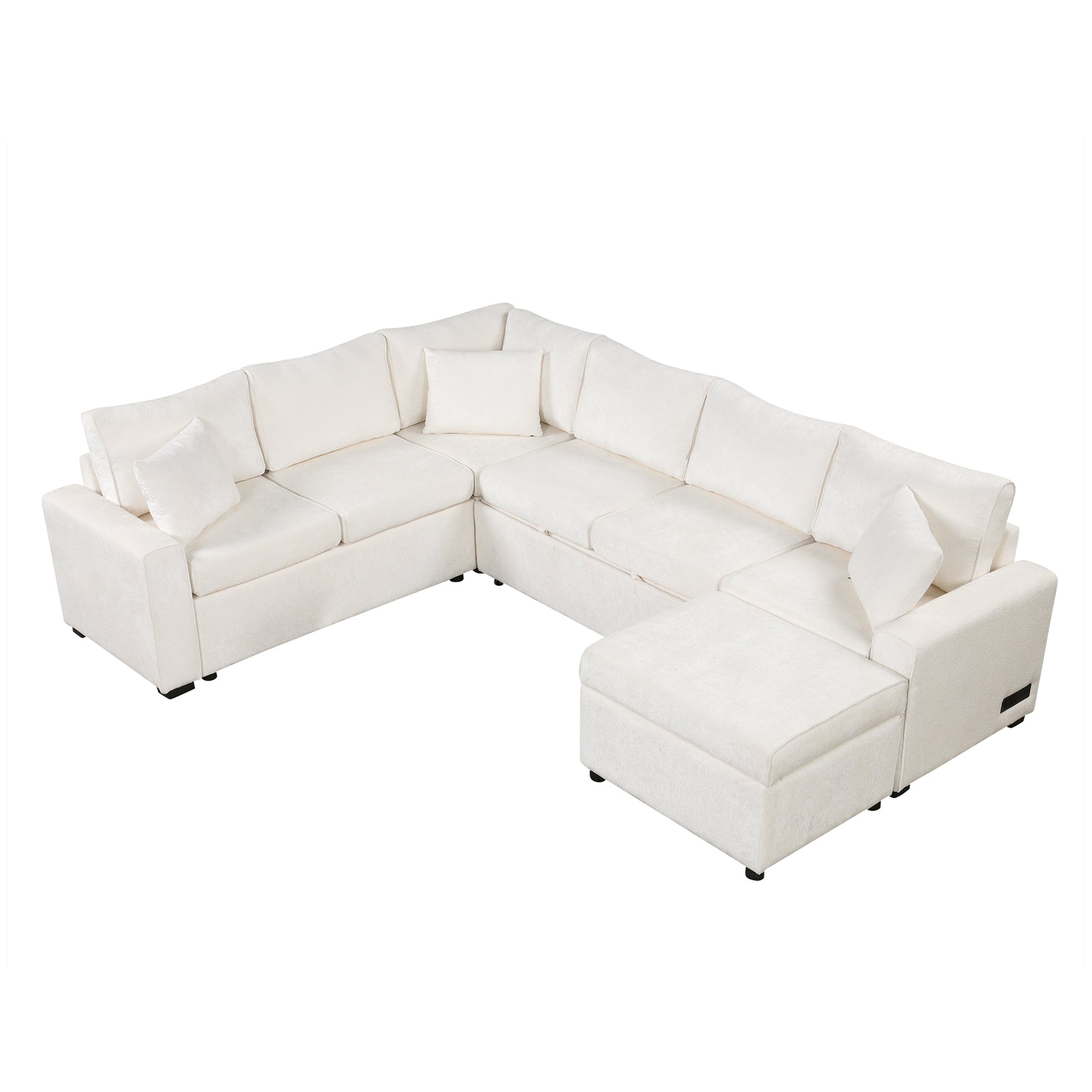Cream Tweed Chenille Sectional Sofa Bed & Storage Ottoman