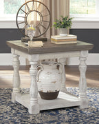 Rectangular end table with gray tabletop, white turned legs, and lower shelf